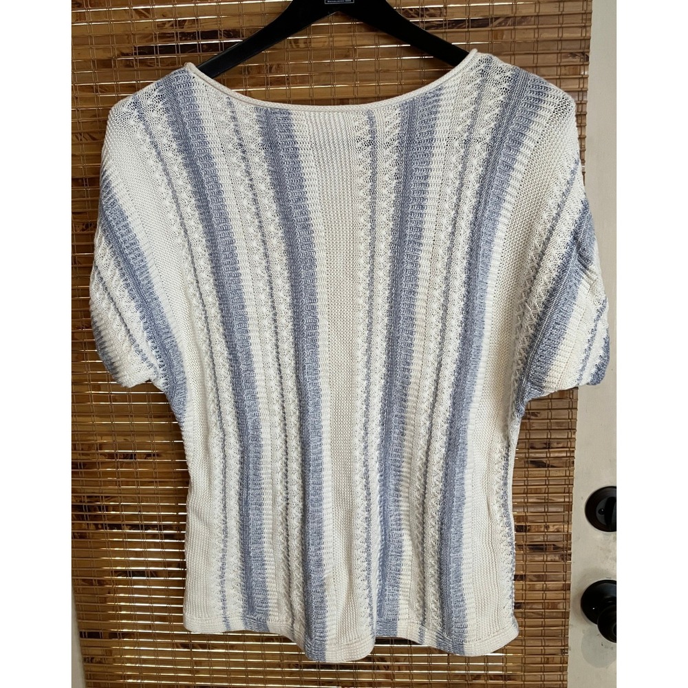 Chaps Womens Blue Cream Striped Pointelle Cotton Short Sleeve Sweater Large